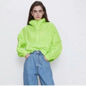 NWOT Zara Neon Green Packable Raincoat Windbreaker Jacket